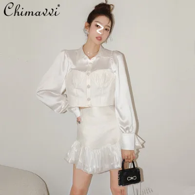 White Slimming Short Shirt and Skirt Two-Piece Set for Women 2022 Spring New Puff Sleeve Shirt Ruffled Skirt Suit Female
White Slimming Short Shirt and Skirt Two-Piece Set for Women 2022 Spring New Puff Sleeve Shirt Ruffled Skirt Suit Female