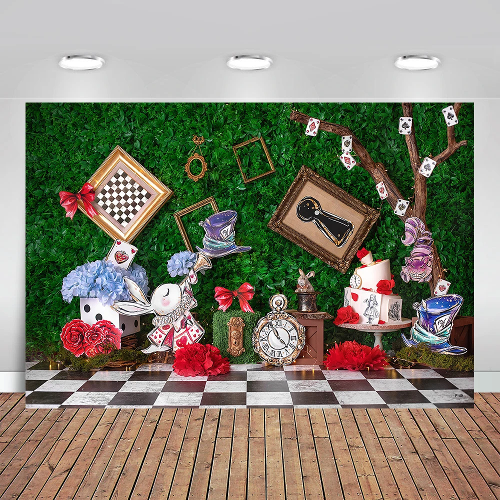 Wonderland Enchanted Tea Party Photography Backdrop Kids Fairy Tale Green Grass Birthday Background Checkerboard Rabbit Props
Wonderland Enchanted Tea Party Photography Backdrop Kids Fairy Tale Green Grass Birthday Background Checkerboard Rabbit Props