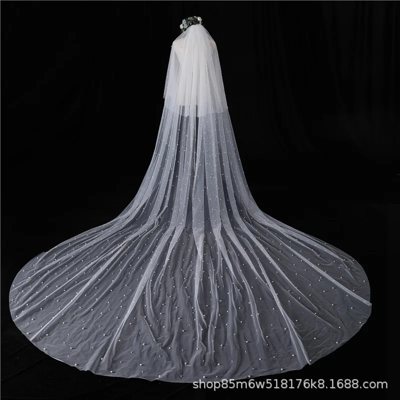 

Pearls Wedding Veils with Comb 100% Handmade Beaded Wedding Accessories 3.5M *3M Cathedral Wedding Veil Luxury Elegant