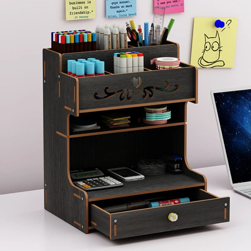 

Multi-functional Home Box Wooden Art Stationary Office Supplies Desktop Pencil Drawer Pen Rack Holder With Organizer