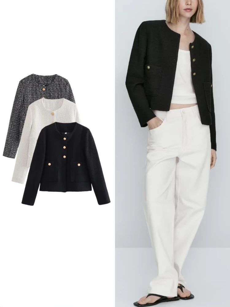 ZBZA Women Autumn New Pocket Tweed Jackets Single-breasted Round Neck Long-sleeved Loose Texture Short Coat Ladies New Outerwear
ZBZA Women Autumn New Pocket Tweed Jackets Single-breasted Round Neck Long-sleeved Loose Texture Short Coat Ladies New Outerwear