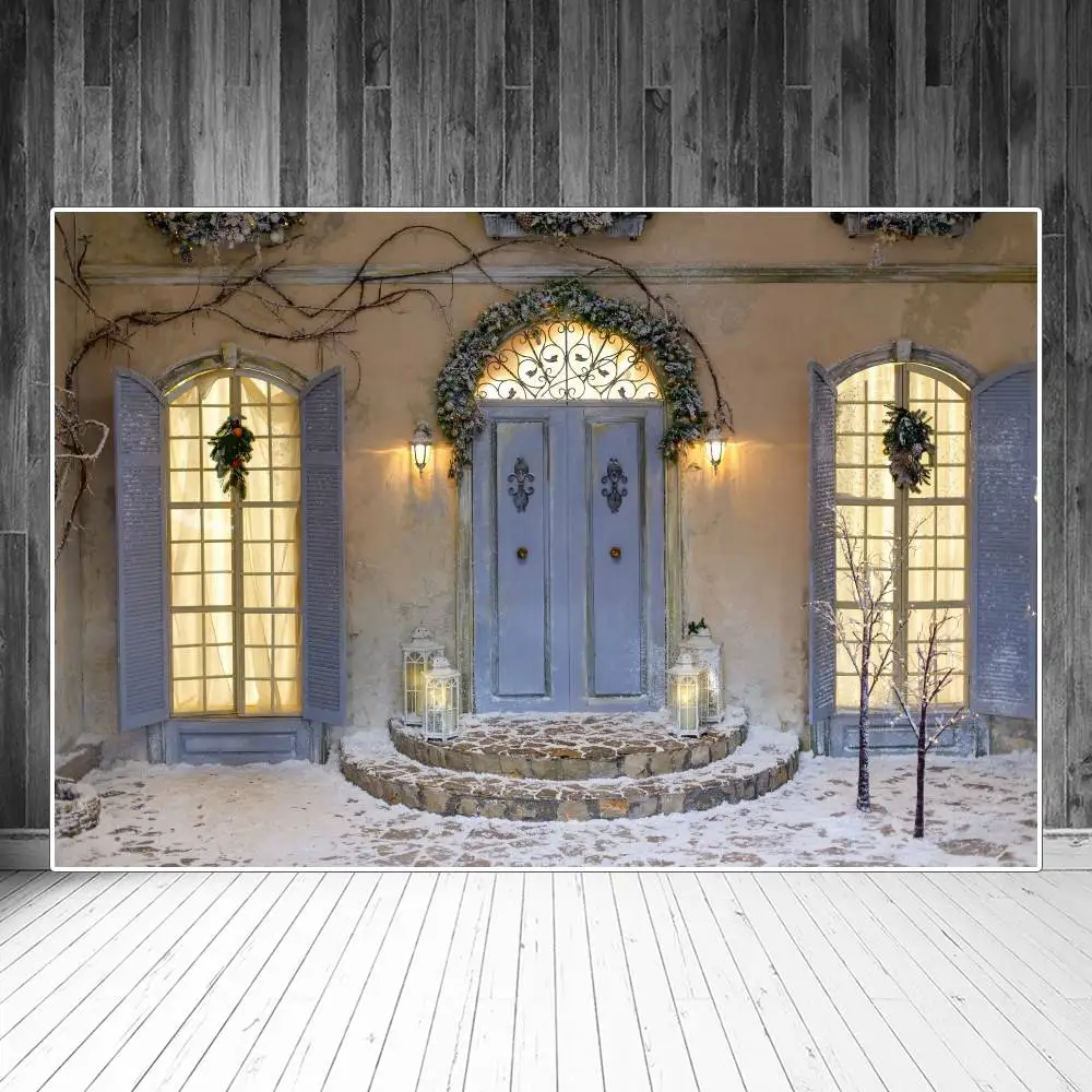 

Фон для фотосъемки с изображением рождественского дома гирлянды Арки Двери крыльца снежной сцены