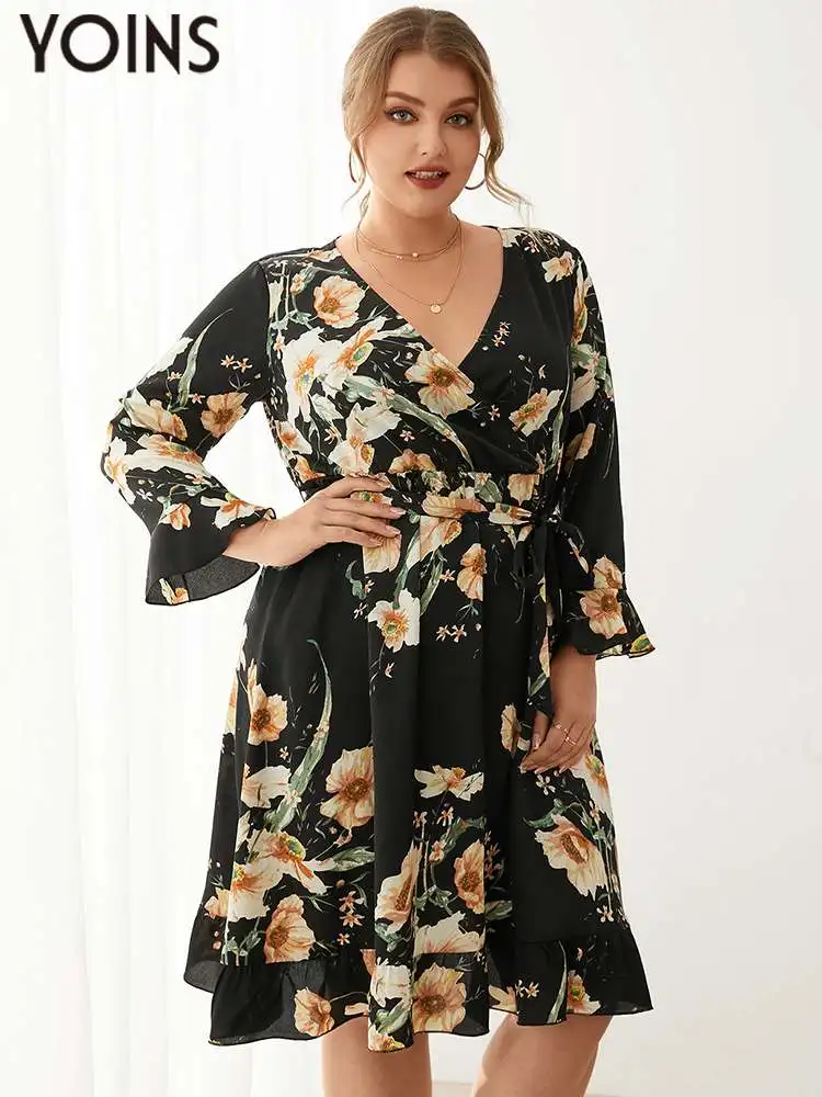 

YOINS Plus Size Bohemian Dress 2022 Autumn Long Sleeve Sexy V Neck Floral Printed Vintage Midi Vestidos Casual Loose Belted Robe