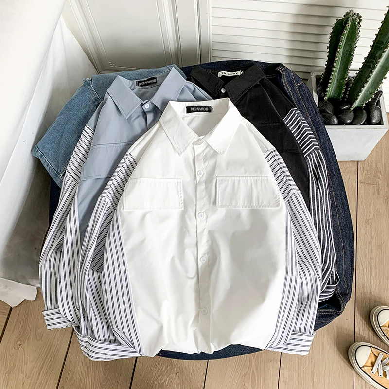 

Fake two-piece striped shirt Men's fashion label loose design clothes Japanese Harajuku style salt shirt coat Men