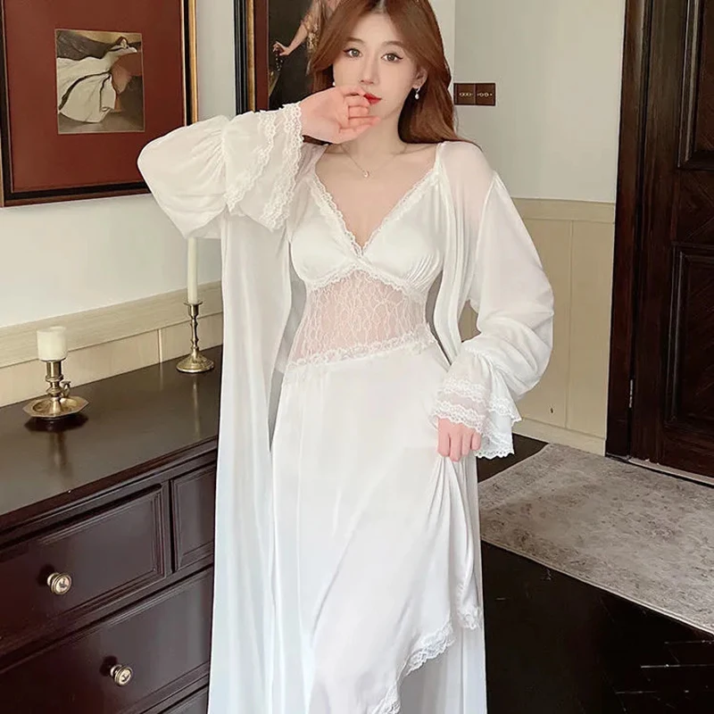 Ladies Pajamas Sexy Nightdress Long Sleeve Lace Edge Robe Sexy Women'S Nightwear New Hollow Design Sling Sleepwear 2 Piece Set
Ladies Pajamas Sexy Nightdress Long Sleeve Lace Edge Robe Sexy Women'S Nightwear New Hollow Design Sling Sleepwear 2 Piece Set