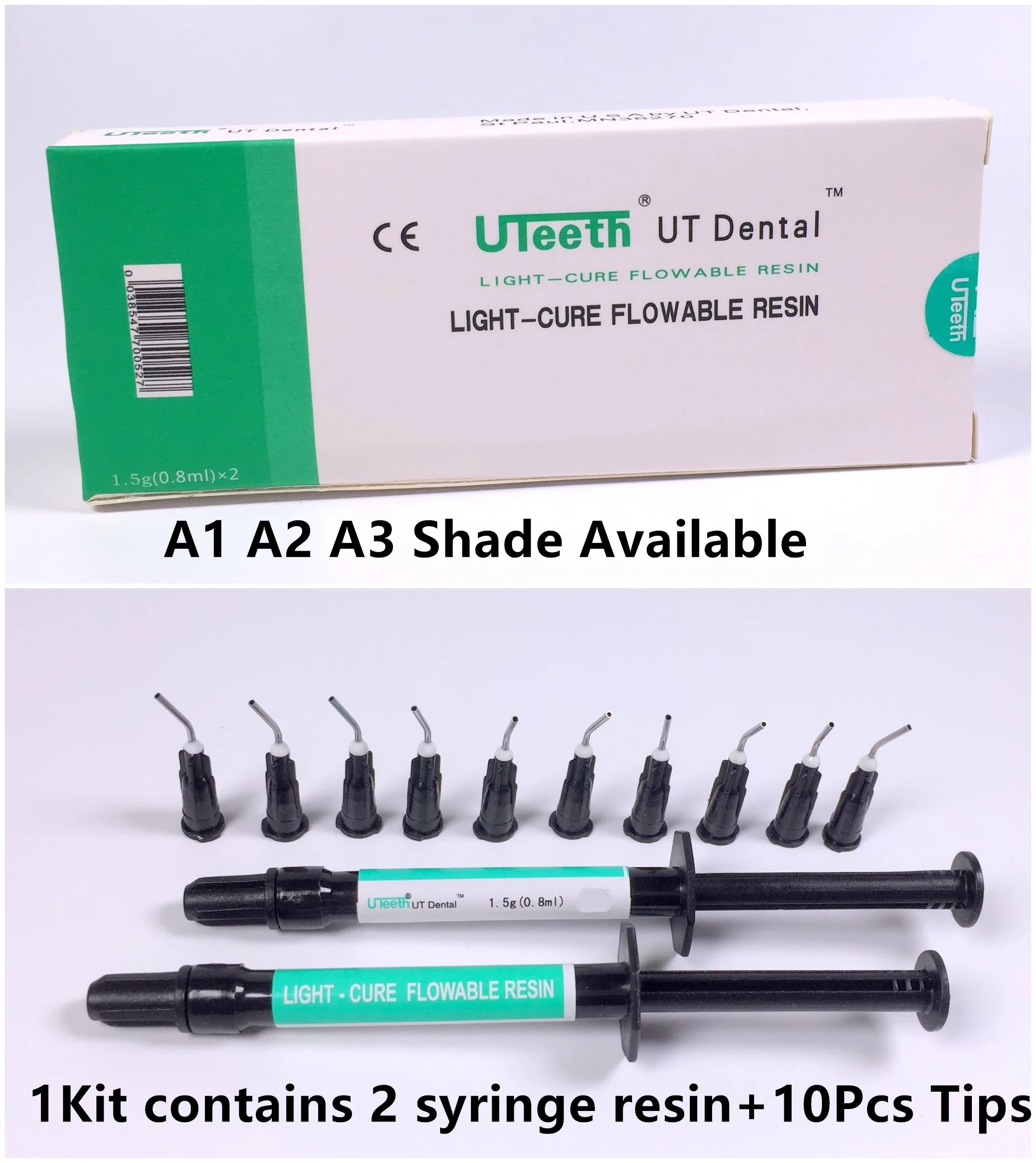 

UT Dental Flowable Composite Flow Resin Light Cure 2 Syringe Kit A1 A2 A3 Color Shade Dispensing Tips Tooth Filling Material