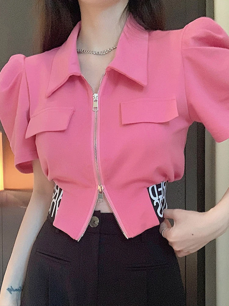 Double-end Zipper Crop Tops Women Pink Sweet Puff Sleeve Casual Tees Female Korean Fashion Polo CollarTemperament Tunic Shirts
Double-end Zipper Crop Tops Women Pink Sweet Puff Sleeve Casual Tees Female Korean Fashion Polo CollarTemperament Tunic Shirts