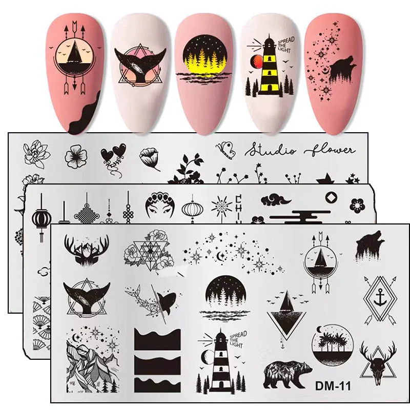 

1PCS Leaves Flower Stripe Design Stamping Plates Abstract Heart Wolf Swan Nail Templates Plate Leaf Floral Printing Stencil