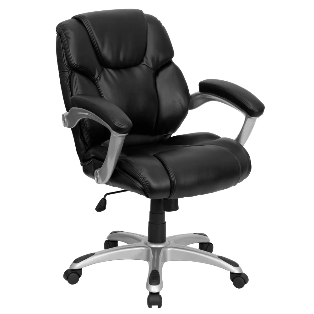 Mid-Back Black LeatherSoft Layered Upholstered Executive Swivel Ergonomic Office Chair with Silver Nylon Base and Arms
Mid-Back Black LeatherSoft Layered Upholstered Executive Swivel Ergonomic Office Chair with Silver Nylon Base and Arms