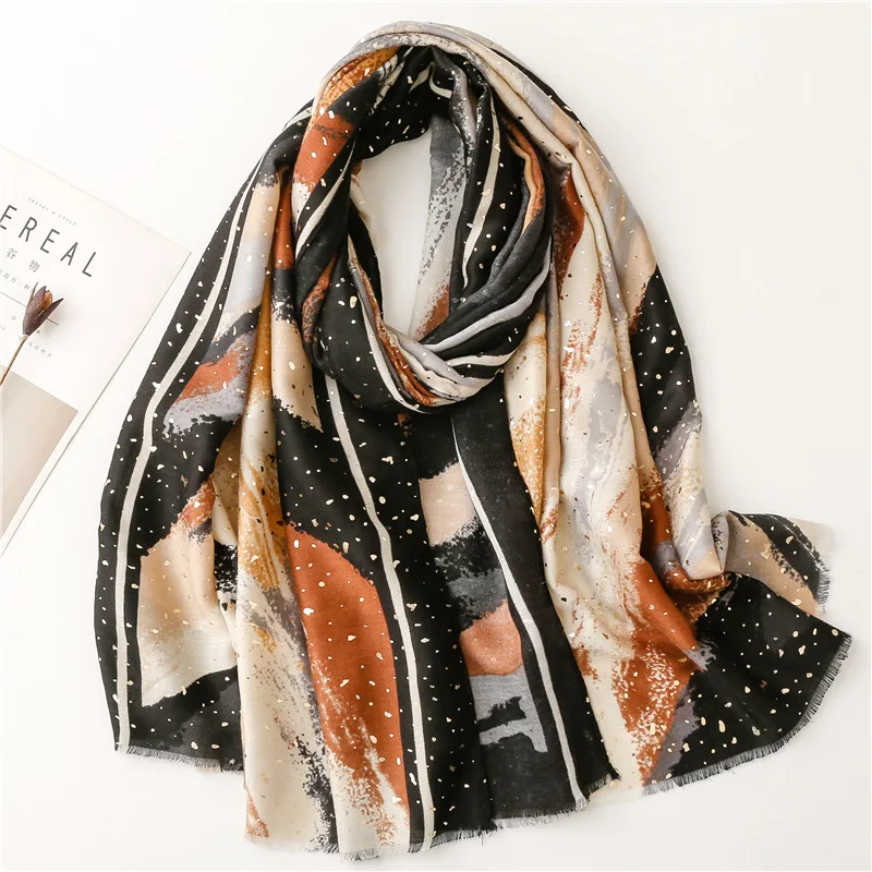 

Winter Luxury Soft Scarf Women Warm Protected Shawl Neckwear Bronzing Painting Smooth Hijab Headwear NEW