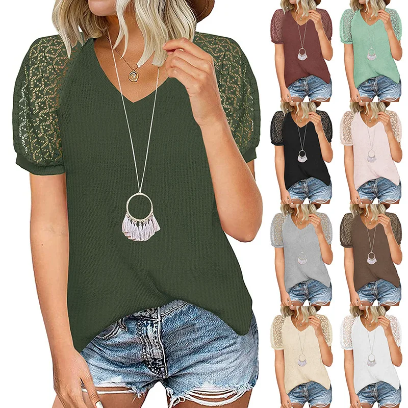 New Spring Summer Waffle Lace Stitching V-neck Women T-shirts Short Sleeves Tops
New Spring Summer Waffle Lace Stitching V-neck Women T-shirts Short Sleeves Tops