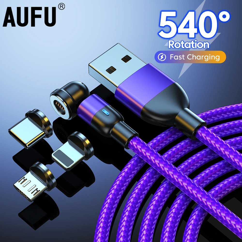 

Магнитный USB-кабель AUFU 3A, кабель для быстрой зарядки типа C, вращающийся на 540 градусов Магнитный зарядный кабель Micro USB для Samsung iPhone 14 13 12, шнур