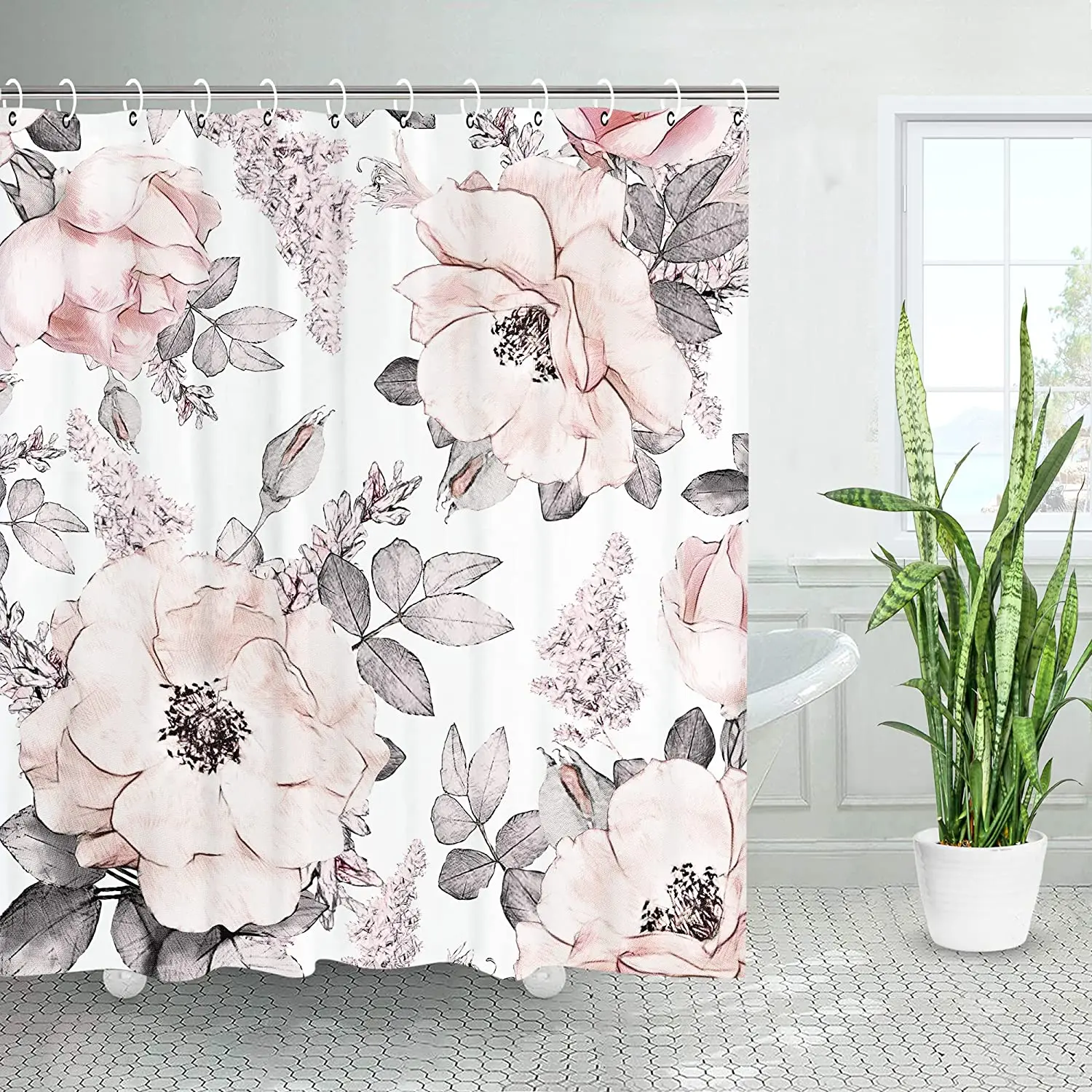 

Watercolor Floral Shower Curtain Abstract Flowers Fabric Bath Curtains with Hooks Pink Blossom Gray Bathroom Decor 72x72 Inches