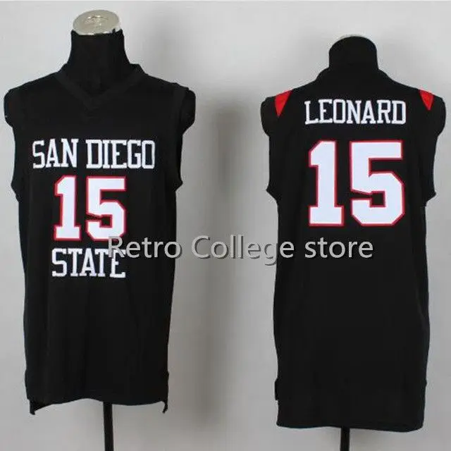 

Retro College Stitched #15 Kawhi Leonard San Diego State black white Basketball Jersey