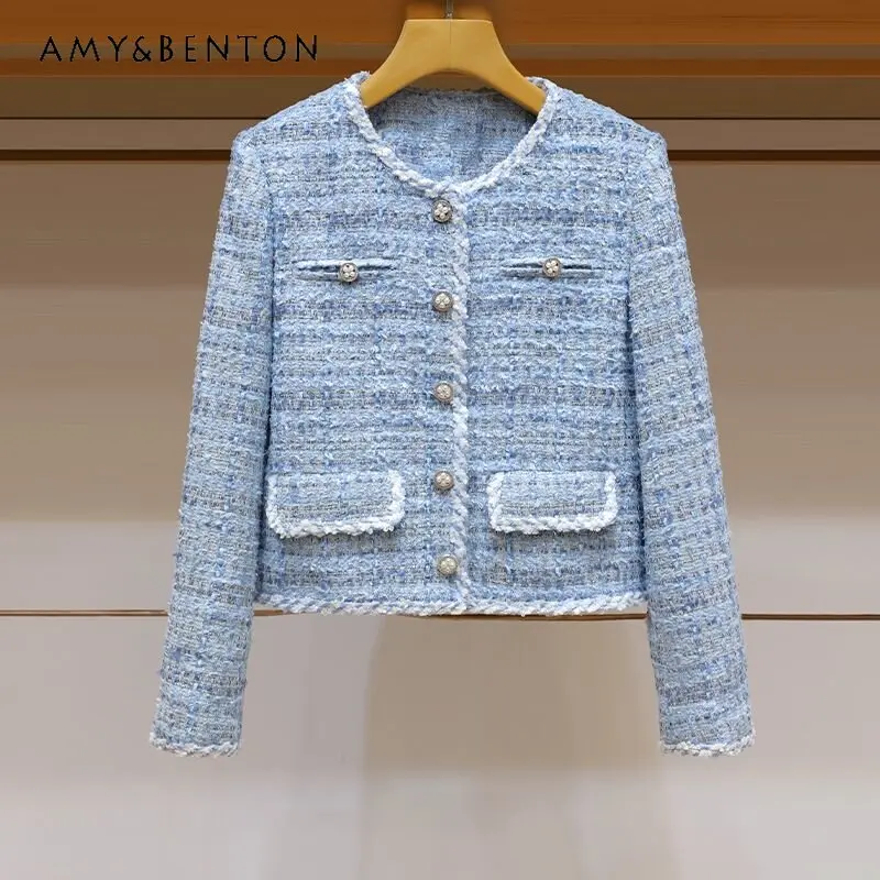 New Winter Clothes Fashion Temperament Crew Neck Single-Breasted Tweed Blue Short Coat Top for Ladies All-Match Tweed Coats
New Winter Clothes Fashion Temperament Crew Neck Single-Breasted Tweed Blue Short Coat Top for Ladies All-Match Tweed Coats