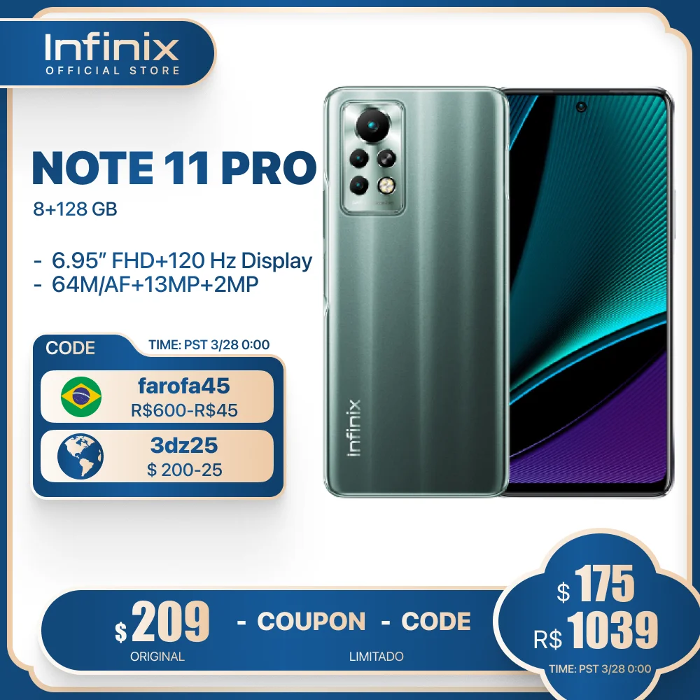 Infinix NOTE 11 PRO Helio G96 8+128GB Cell phone 6.95inch Display Smartphone 64MP Camera 33W Super Charge Global version
Infinix NOTE 11 PRO Helio G96 8+128GB Cell phone 6.95inch Display Smartphone 64MP Camera 33W Super Charge Global version