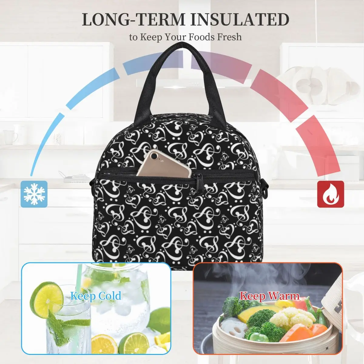 

Черно-белая сумка для ланча в форме сердца с ручкой, красивая сумка-холодильник с принтом музыкальных символов, дорожная Термосумка-клатч для еды