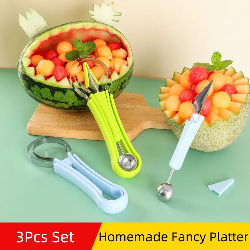 

4 In 1 Fruit Carving Knife Tools Set Watermelon Slicer Cutter Melon Baller Scoop Set Fruit Dig Pulp Separator Kitchen Gadgets