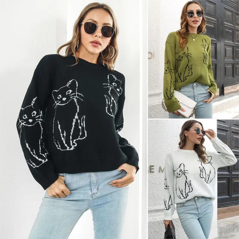 Pullover Round Neck Fashionable Color Matching Cat Jacquard Loose Autumn And Winter Women Long Sleeved Elegant Versatile Sweater
Pullover Round Neck Fashionable Color Matching Cat Jacquard Loose Autumn And Winter Women Long Sleeved Elegant Versatile Sweater