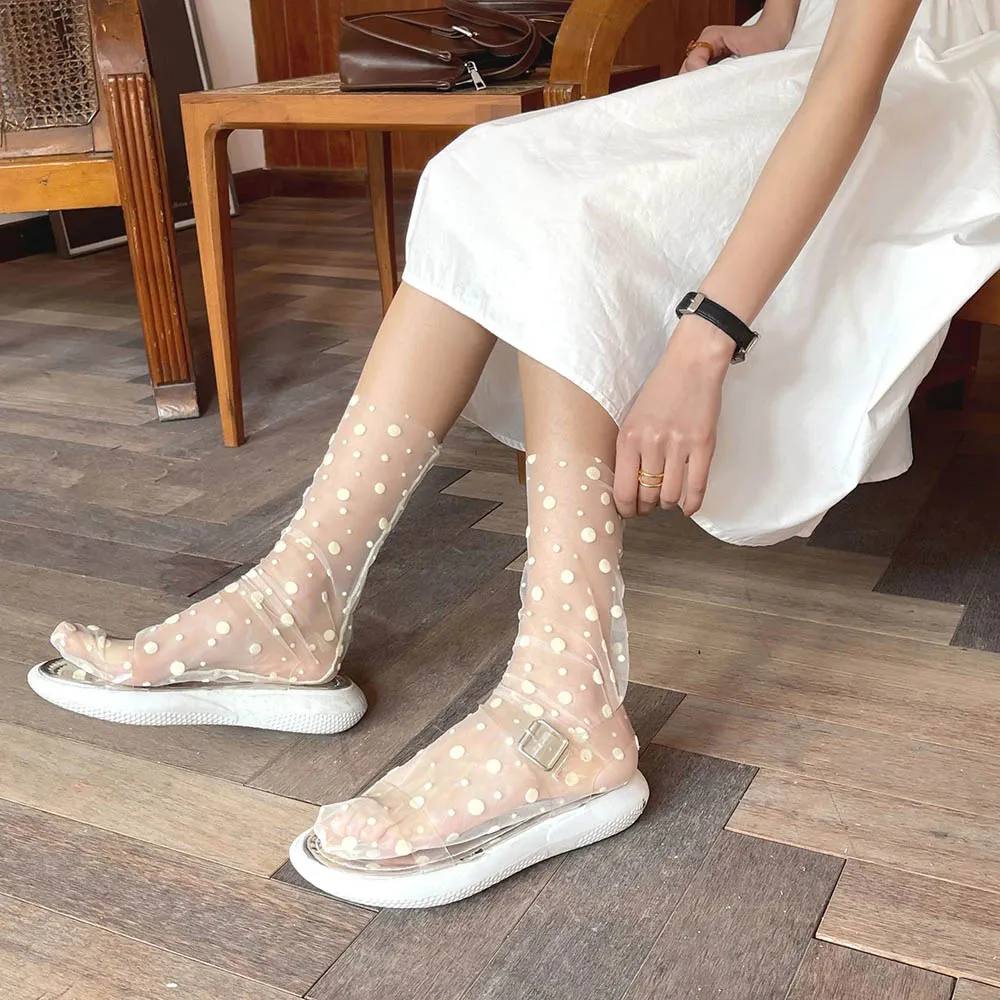 

Тонкие прозрачные женские шифоновые тюлевые носки нейлоновые носки в горошек платье Чулочные изделия