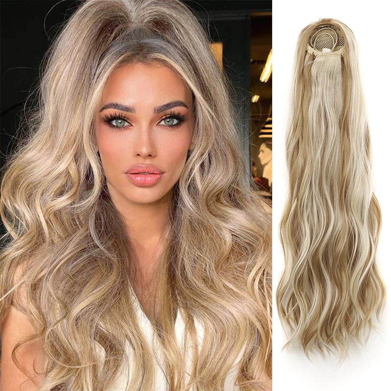 

24Inch Long Body Wave Ponytail Hair Extension Synthetic Heat Wrap Around Drawstring Curly Wavy Ponytail Hairpieces for Women