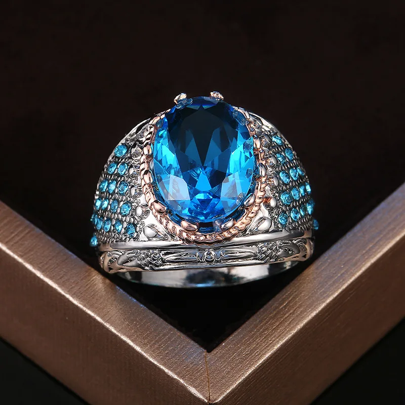 

Vintage Hyperbole Tow Tone Rings Big Sky Blue Oval CZ Stone Finger Rings for Women Creative Luxury Engagement Jewelry Party Gift