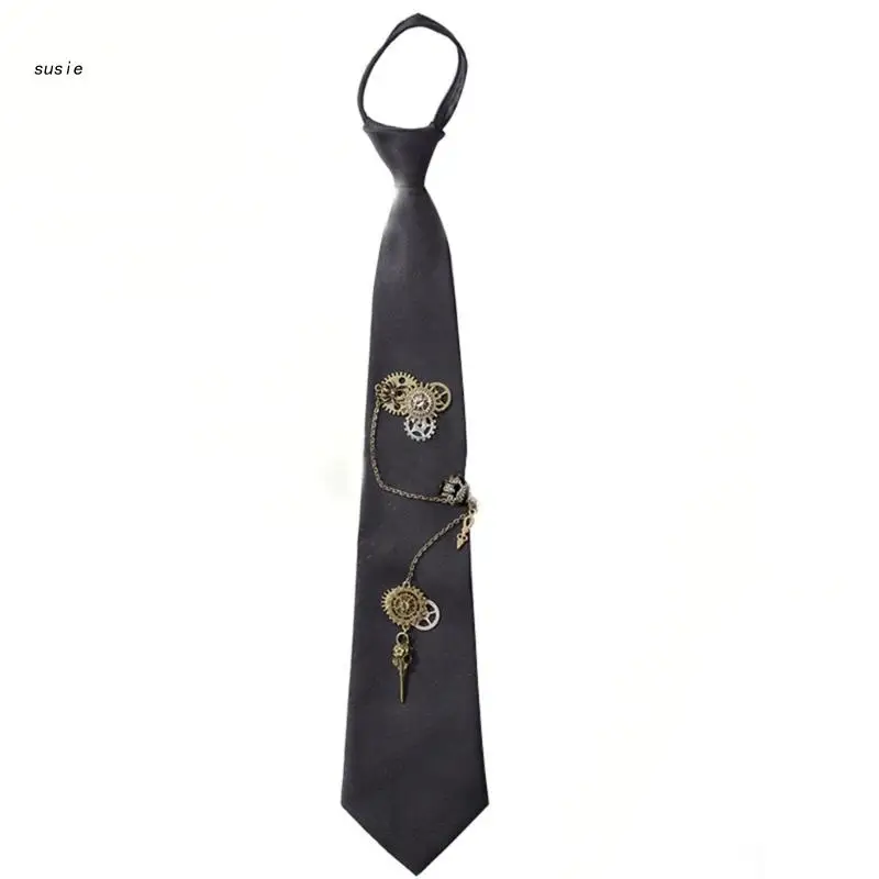 

X7YA Women Men Dark Gothic Tie Steampunk Antique Gears Metal Chain Vintage Uniform Pre-Tied Neck Tie with Zipper Closure