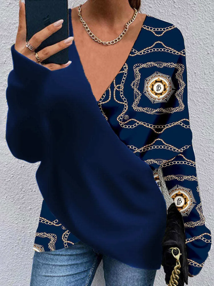 Elegant Office Lady Chain Patchwork Blouse Chic Slim Fit Women Print Long Sleeve Tops V Neck Casual Streetwear Vintage Pullovers
Elegant Office Lady Chain Patchwork Blouse Chic Slim Fit Women Print Long Sleeve Tops V Neck Casual Streetwear Vintage Pullovers