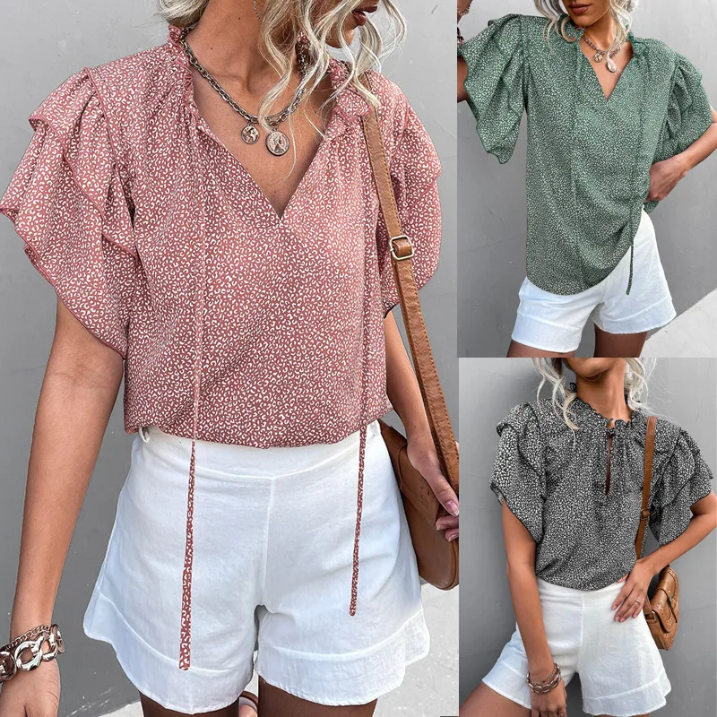 Women Fashion Chic Printed Tops Elegant V-neck Bandage Short Sleeve Shirts Summer Casual Blouses Feminina Clothing Plus Size 
Women Fashion Chic Printed Tops Elegant V-neck Bandage Short Sleeve Shirts Summer Casual Blouses Feminina Clothing Plus Size
