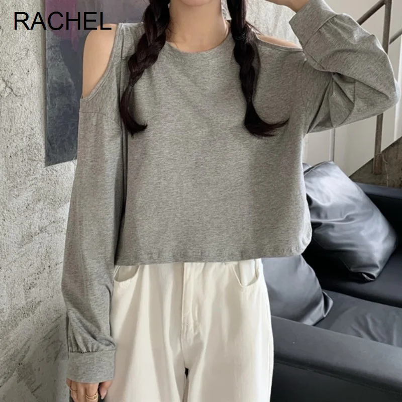 Осенний топ с высокой талией, дизайнерская Милая крутая футболка с открытыми плечами и длинным рукавом в студенческом стиле, Rac 
Осенний топ с высокой талией, дизайнерская Милая крутая футболка с открытыми плечами и длинным рукавом в студенческом стиле, Rac