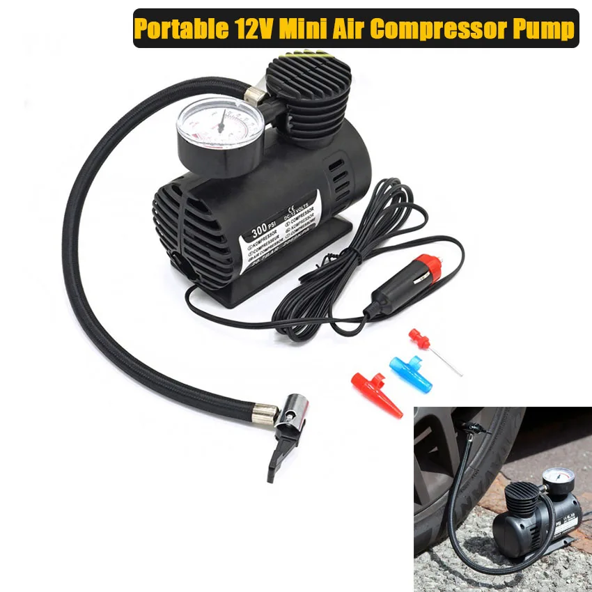 

Portable 12V 300psi Mini Air Compressor Pump Tire Tyre Inflator 15LPM Quickly inflate for Auto Motorcycle Kayak Bicycle Black