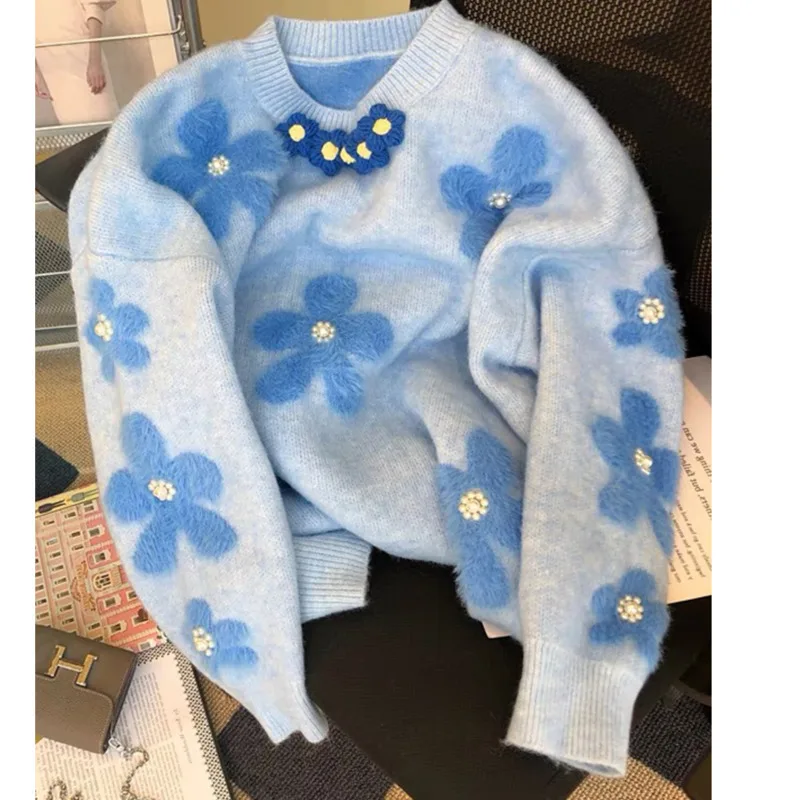 Women Sweater Knitted Blue Floral Pearl Loose Long Sleeve O-Neck Pullovers Korean Chic Clothe Autumn Winter Leisure Harajuku
Women Sweater Knitted Blue Floral Pearl Loose Long Sleeve O-Neck Pullovers Korean Chic Clothe Autumn Winter Leisure Harajuku