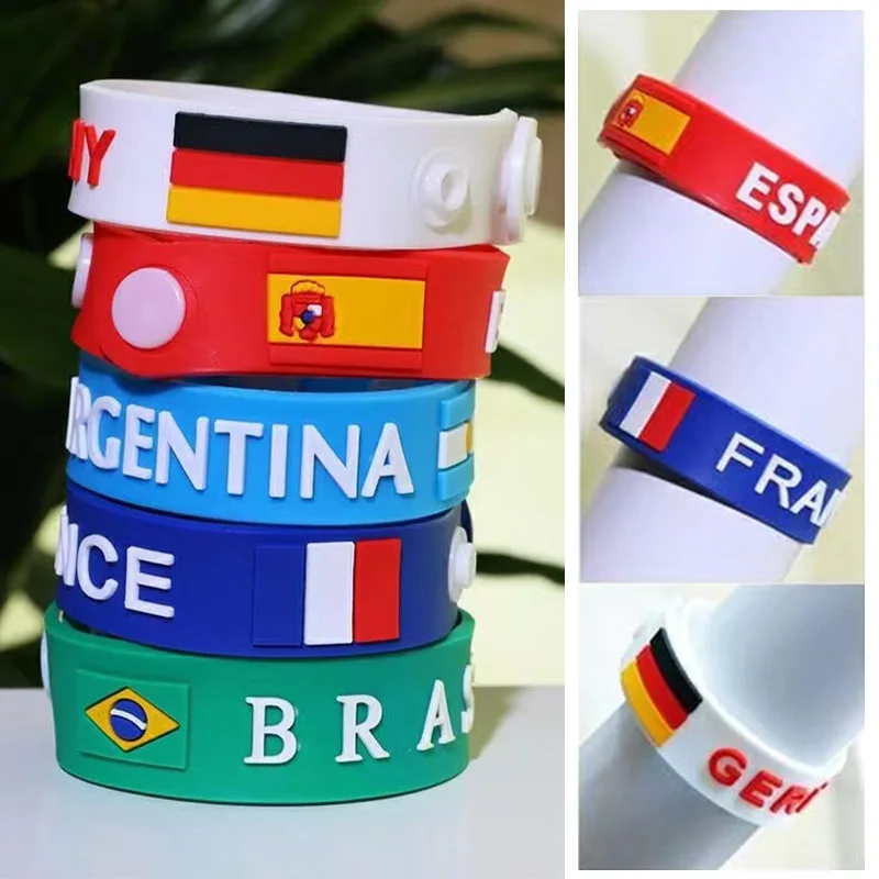 

2022 Soccer Cheer Decorations Qatar France Spain Brazil Flag Print National Team Rubber Bracelet Fans Carnival Parade Souvenirs