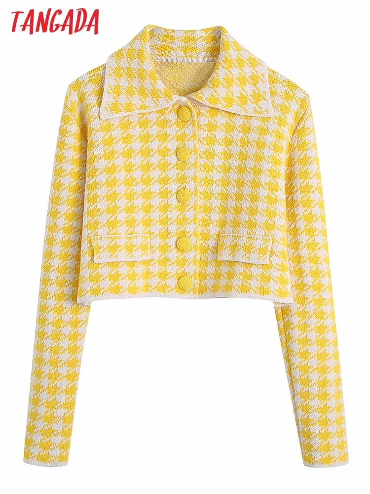 Tangada Women Elegant Yellow Plaid Crop Cardigan Vintage Jumper 2022 Knitted Cardigan BE218 
Tangada Women Elegant Yellow Plaid Crop Cardigan Vintage Jumper 2022 Knitted Cardigan BE218