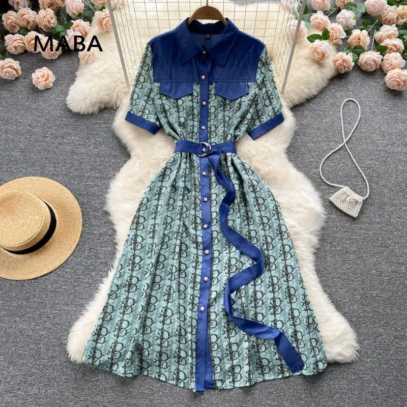 2022 Summer Women Shirt Dress Polo Collar Short Sleeve Vintage Print Patchwork Temperament Female Denim A-line Dress Robe Femme
2022 Summer Women Shirt Dress Polo Collar Short Sleeve Vintage Print Patchwork Temperament Female Denim A-line Dress Robe Femme