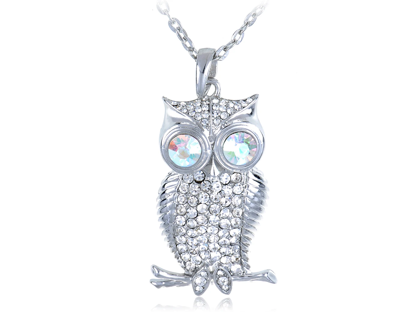 

Silvery Tone Aurora Borealis Eyed Sky Owl Bird Clear Crystal Pendant Necklace