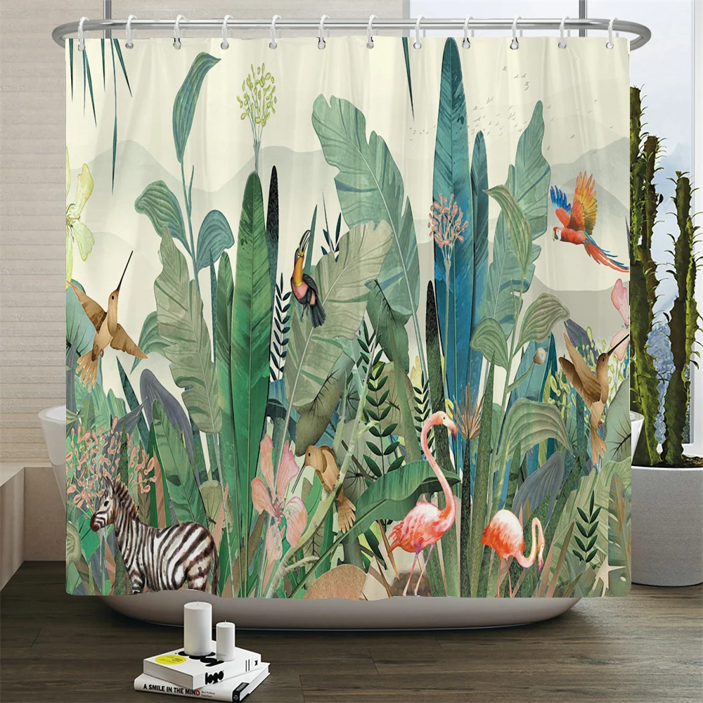 

Tropical Plants Palm Tree leaves Shower Curtain Bathroom Curtains Flamingo Birds Waterproof Fabric Bathtub Decor With 12 Hooks