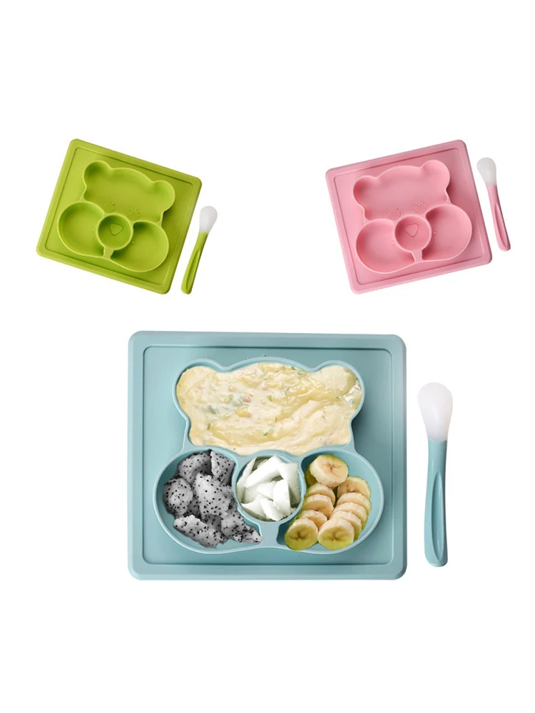 

Cartoon Bear Baby Plate With Spoon Set Kids Silicone Plate For Baby Food Feeding Stuff Bowl Dishes Eating Set Cookware