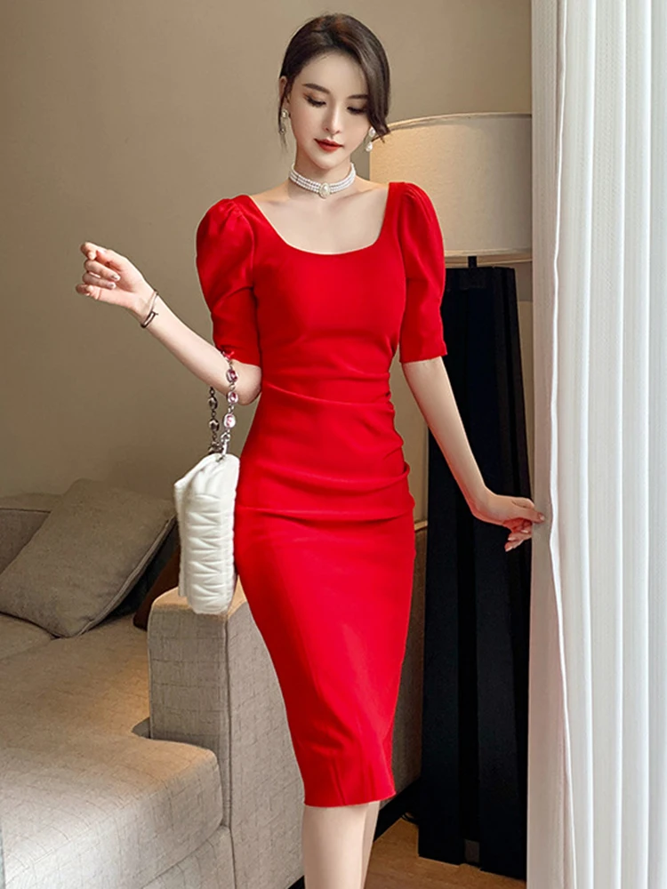 2022 Fashion Elegant woman Party Gown Square Collar Short Puff Sleeve Backless Midi Solid Slim Simple Date lady dress Vestidos
2022 Fashion Elegant woman Party Gown Square Collar Short Puff Sleeve Backless Midi Solid Slim Simple Date lady dress Vestidos