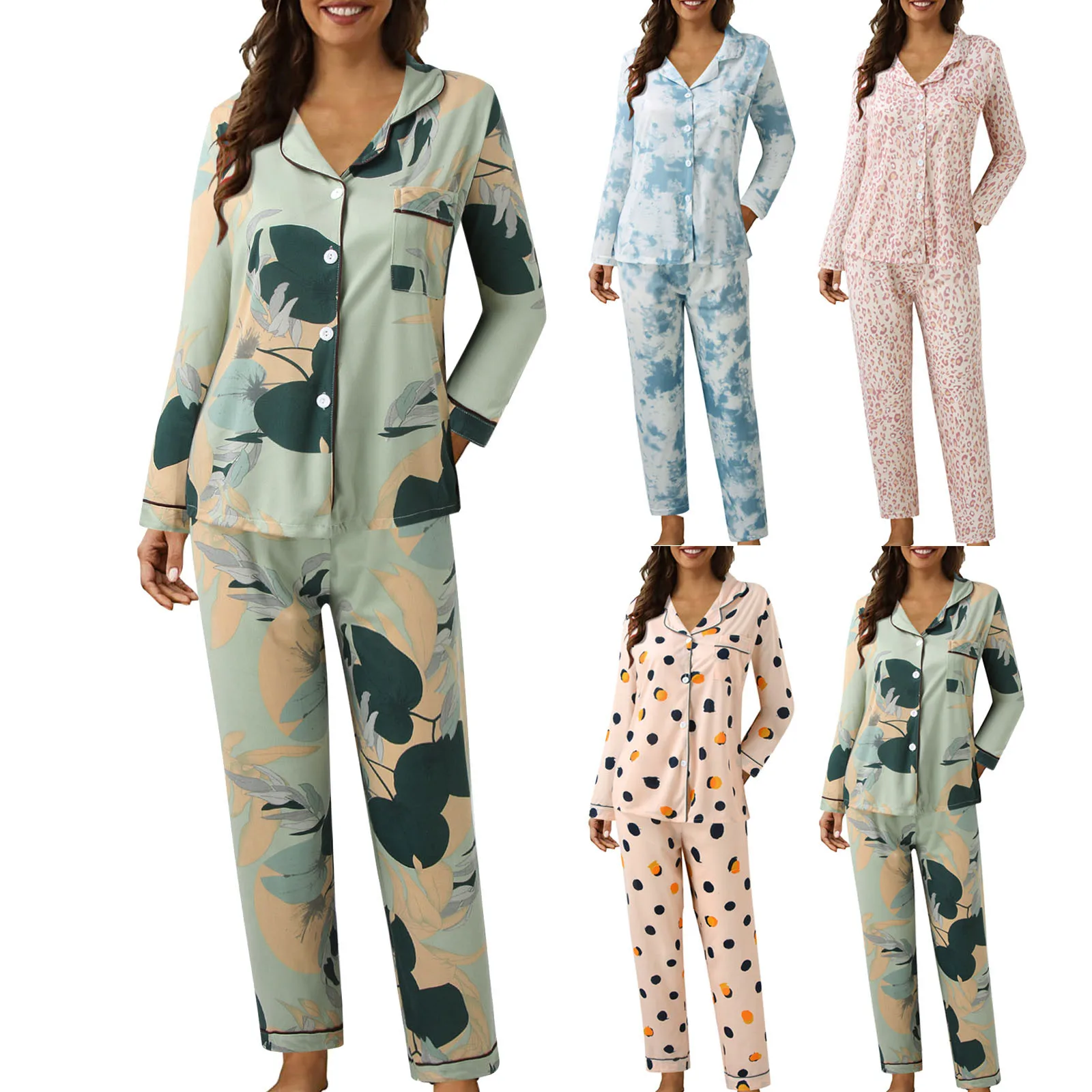 

Женские пижамные комплекты, весенне-осенняя свободная Элегантная пижама с длинным рукавом и цветочным рисунком, женская одежда для сна для отдыха, комплект из 2 предметов
