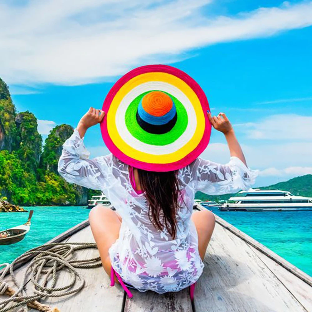 Rainbow Striped Oversized Straw Hat Summer Anti-ultraviolet Sunscreen Hats For Women 25cm Brim Dome Beach Vacation Sun Cap
Rainbow Striped Oversized Straw Hat Summer Anti-ultraviolet Sunscreen Hats For Women 25cm Brim Dome Beach Vacation Sun Cap