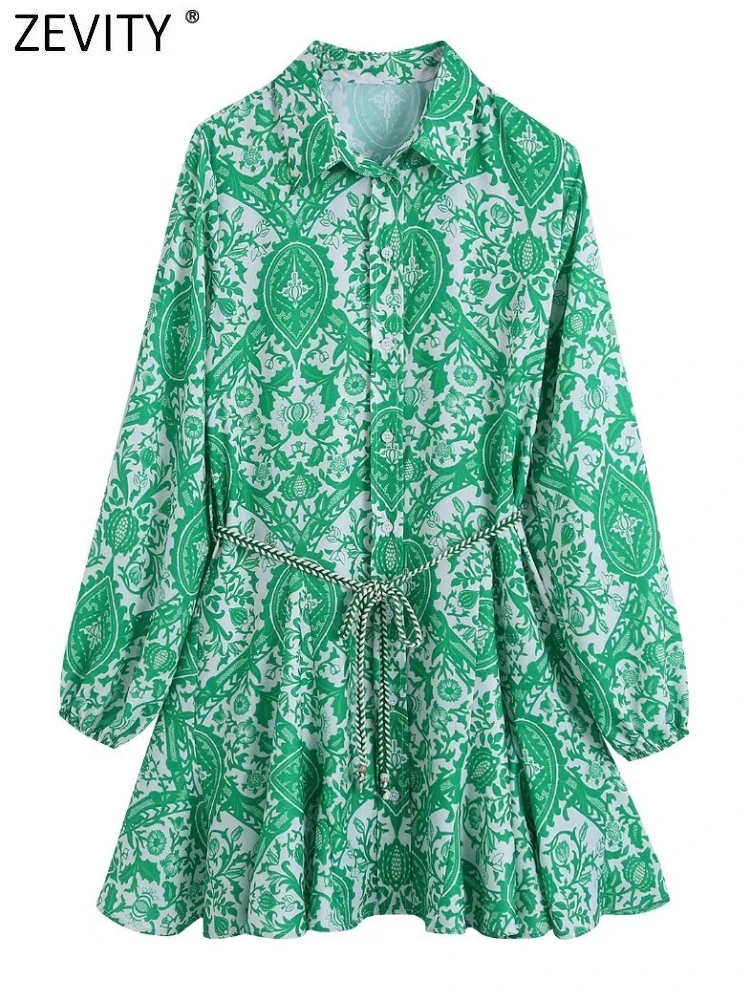 

ZEVITY Women Fashion Paisley Floral Print Belt Mini Shirt Dress Female Chic Casual Big Swing Hem Pleat Green Vestidos DS9353