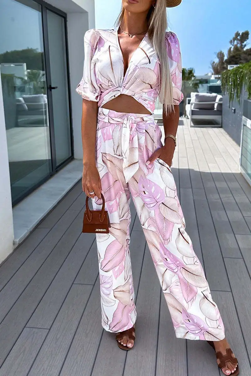 Женские костюмы из 2 предметов с эластичным поясом и широкими штанинами, летний модный костюм с рукавами-фонариками и глубоким V-образным вырезом, женская уличная одежда 
Женские костюмы из 2 предметов с эластичным поясом и широкими штанинами, летний модный костюм с рукавами-фонариками и глубоким V-образным вырезом, женская уличная одежда