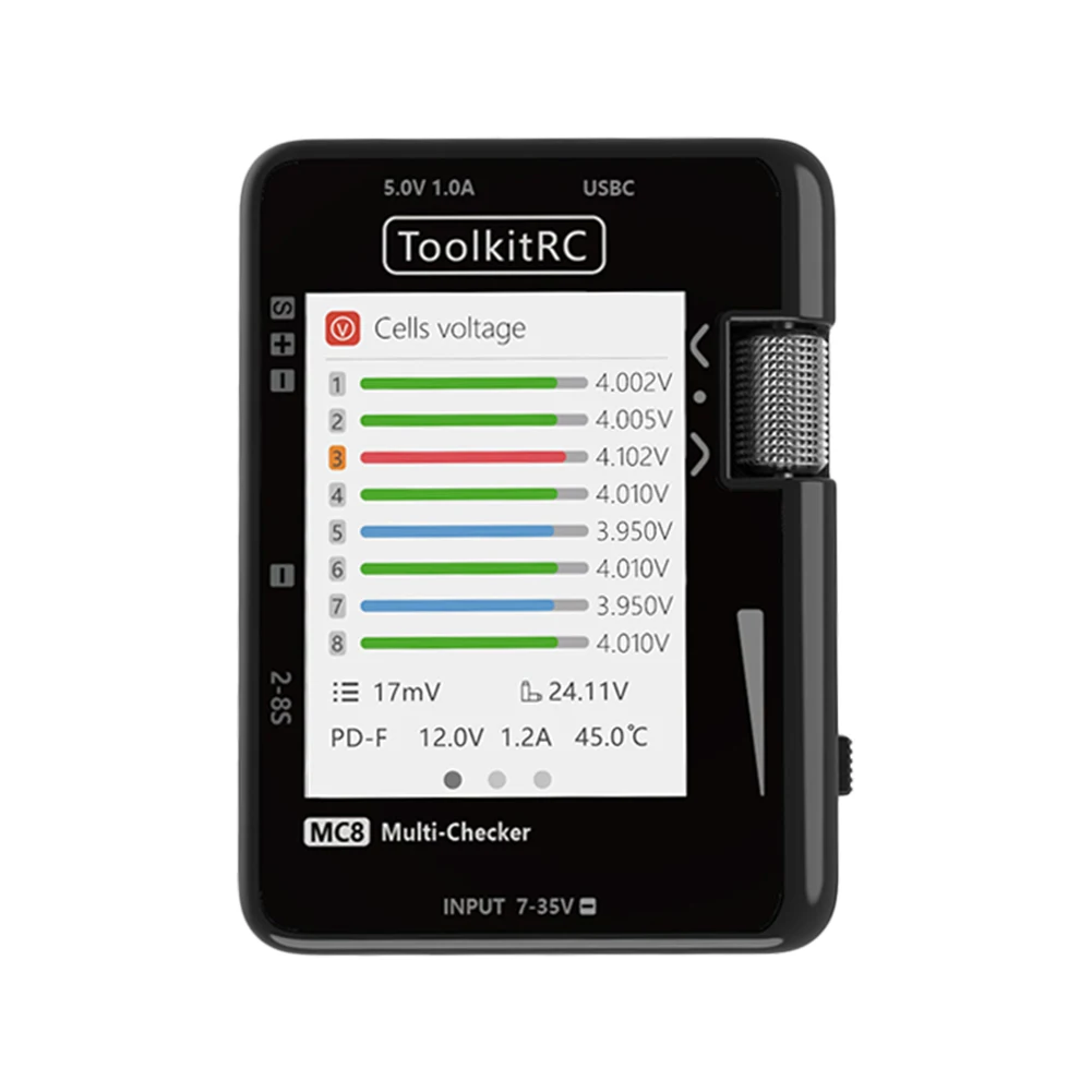 Toolkitrc MC8 Mini Mobile Checker 32 Bit Battery Multi-Checker PWM Output PPM SBUS Readout with USB-C Fast Charging
Toolkitrc MC8 Mini Mobile Checker 32 Bit Battery Multi-Checker PWM Output PPM SBUS Readout with USB-C Fast Charging