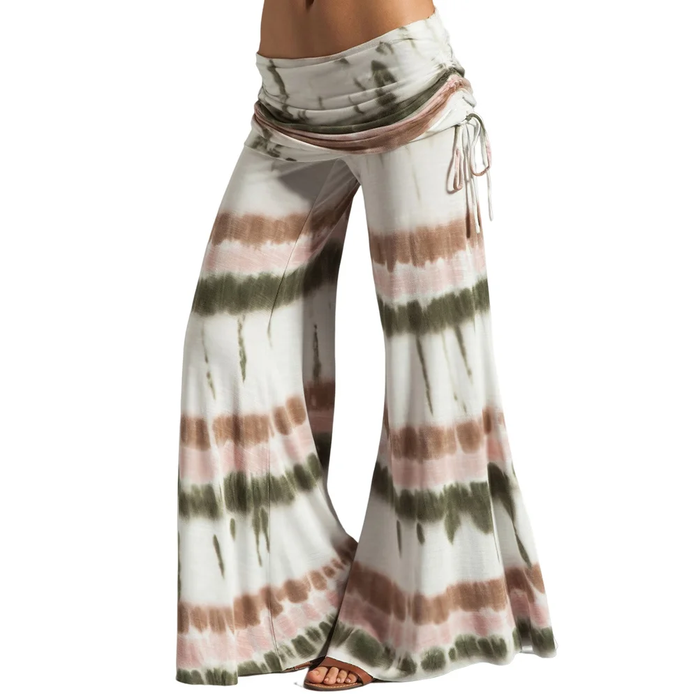 

Loose Tie Dye Print Wide Leg Pants Cinched Foldover Elastic Waist Long Relaxed Pants For Spring Summer Daily Outing