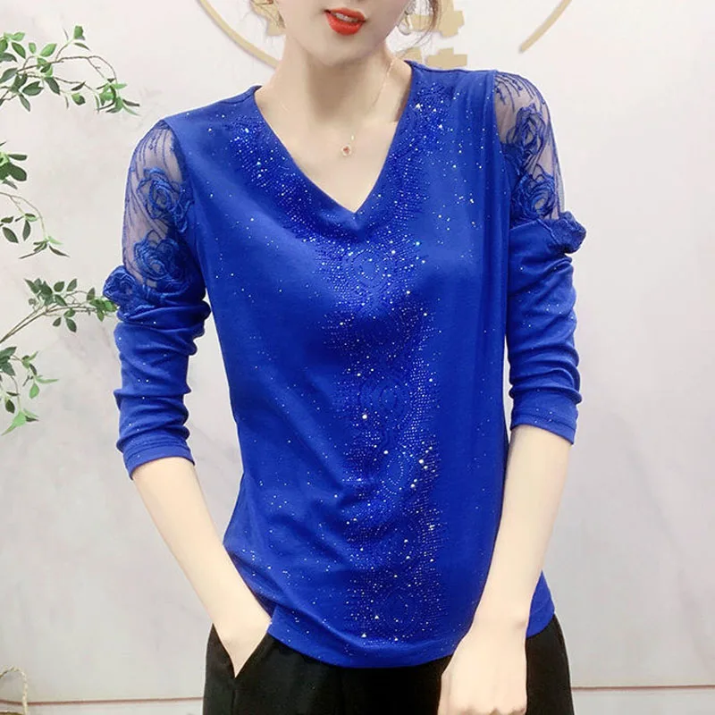 

V-Neck Fashion Gauze Spliced Diamonds Solid Color Tops Casual Commute Thin Long Sleeve Slim Pullovers T-shirt Women's Clothing