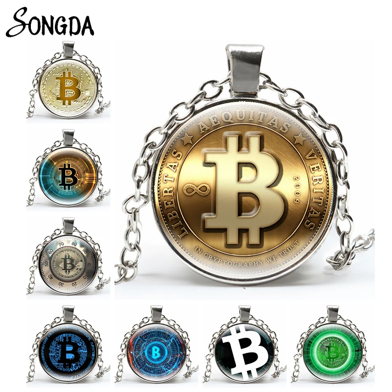 

Bitcoin Design Necklace for Women Men Cryptocurrency Bitcoin Theme Round Pendant Necklace Chains Glass Dome Jewelry Wholesale
