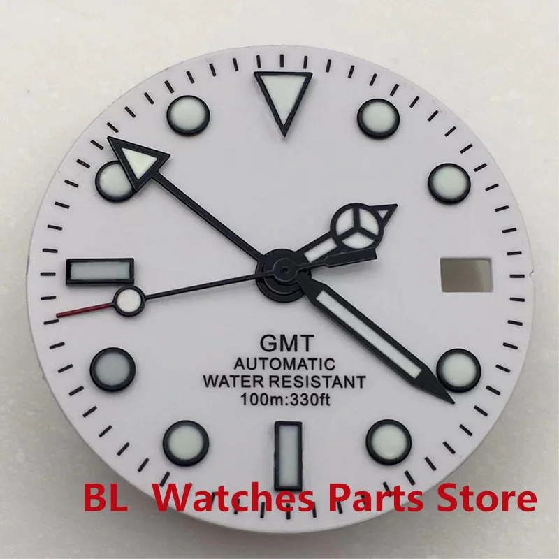 

BL 29mm Sterile Watch Dial Black/Silve Edge Time Mark Green Lumious Fit NH34 GMT Automatic Movement 3 O'clock Crown Date Window