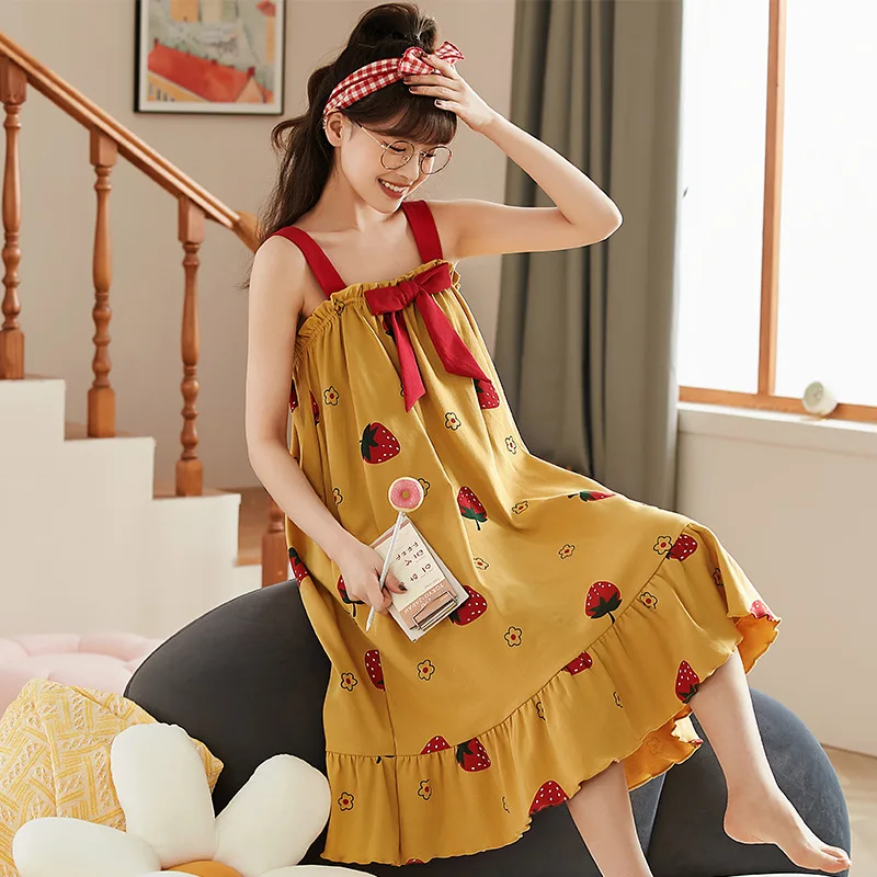 Summer Cute Lady Condole Belt Dress Women Cotton Cartoon Bow Homedress Female Loose Casual Sleepdress Nightdress
Summer Cute Lady Condole Belt Dress Women Cotton Cartoon Bow Homedress Female Loose Casual Sleepdress Nightdress