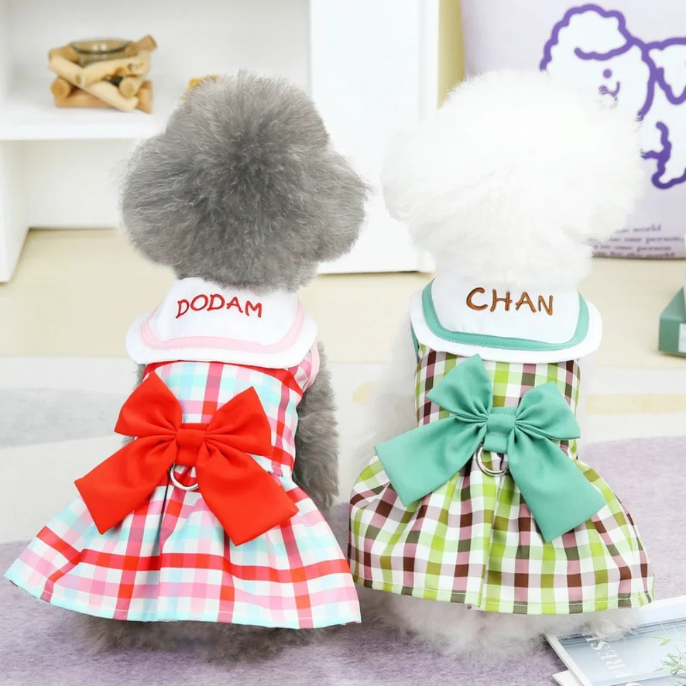 

Et Cute Clothes Spring and Summer Teddy Bichon Casual Fashion Hundred Knot Plaid Traction Skirt Dog Holiday Dress Up